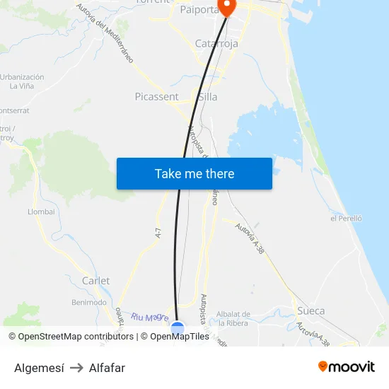 Algemesí to Alfafar map