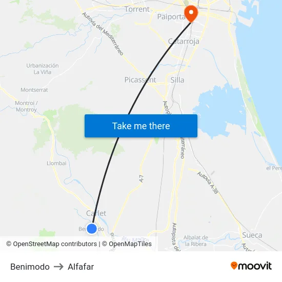 Benimodo to Alfafar map