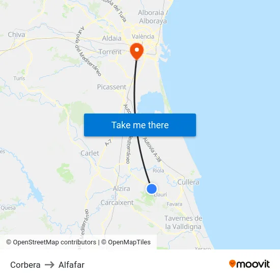 Corbera to Alfafar map