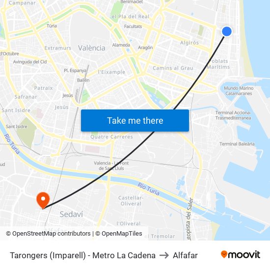 Tarongers (Imparell)  - Metro La Cadena to Alfafar map