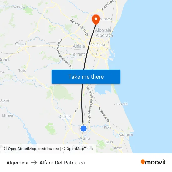 Algemesí to Alfara Del Patriarca map