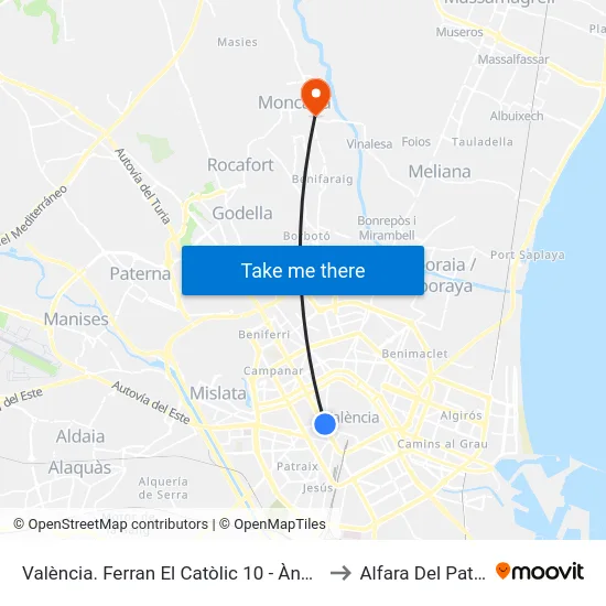 València. Gran Vía Fernando El Católico, 10 to Alfara Del Patriarca map