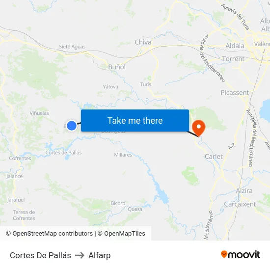 Cortes De Pallás to Alfarp map