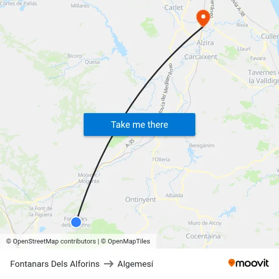 Fontanars Dels Alforins to Algemesí map