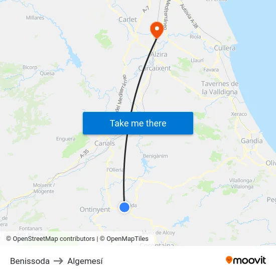 Benissoda to Algemesí map