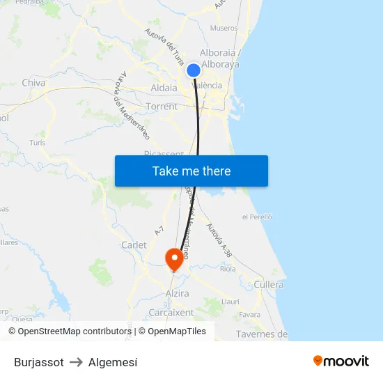 Burjassot to Algemesí map