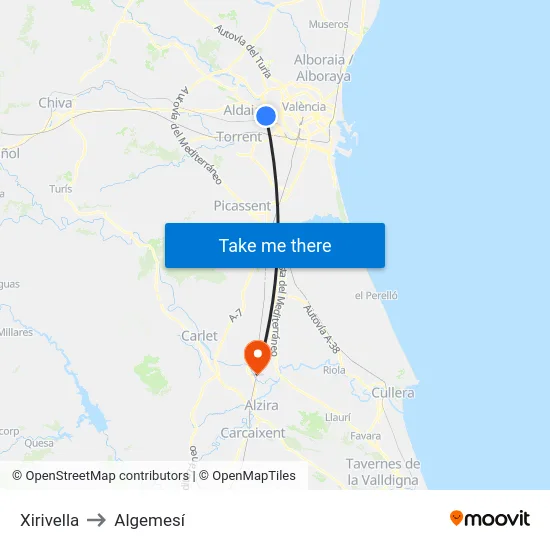 Xirivella to Algemesí map