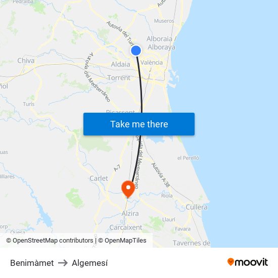 Benimàmet to Algemesí map