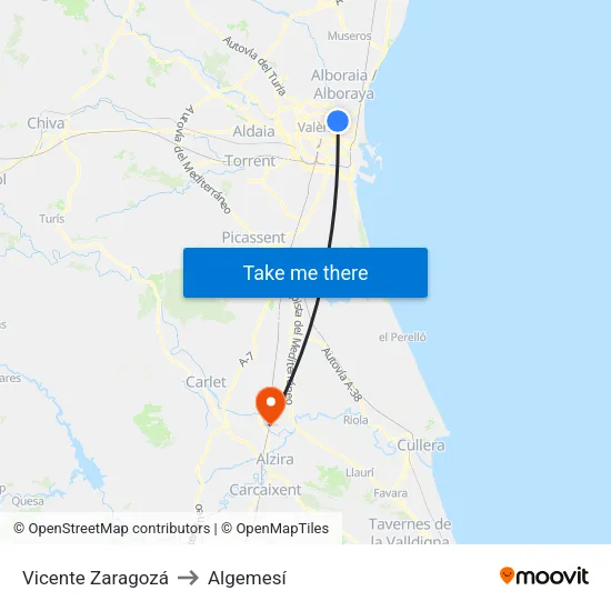 Vicente Zaragozá to Algemesí map