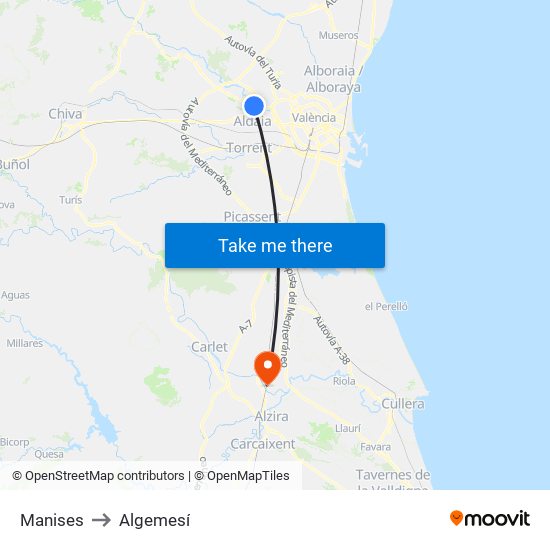 Manises to Algemesí map