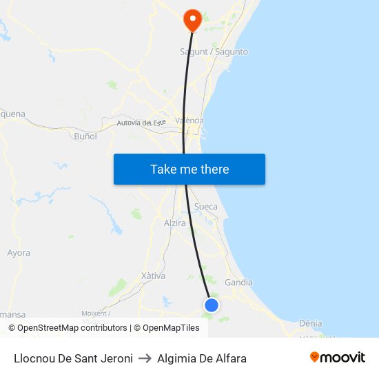 Llocnou De Sant Jeroni to Algimia De Alfara map