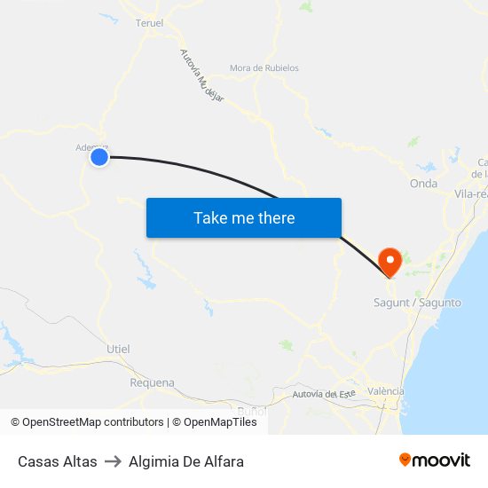 Casas Altas to Algimia De Alfara map