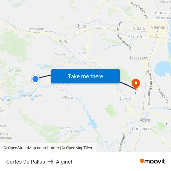 Cortes De Pallás to Alginet map