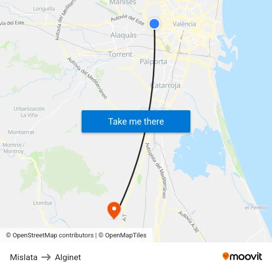 Mislata to Alginet map
