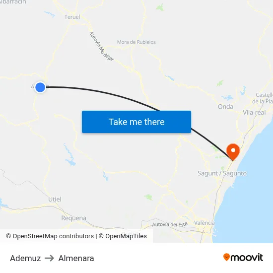 Ademuz to Almenara map