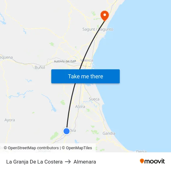 La Granja De La Costera to Almenara map
