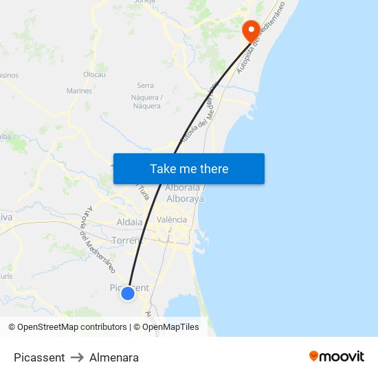 Picassent to Almenara map
