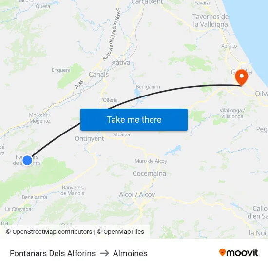Fontanars Dels Alforins to Almoines map