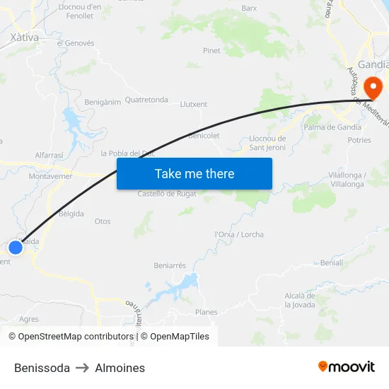 Benissoda to Almoines map