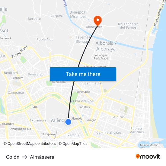 Colón to Almàssera map