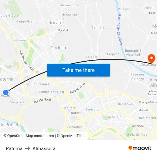 Paterna to Almàssera map