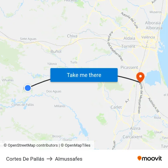 Cortes De Pallás to Almussafes map