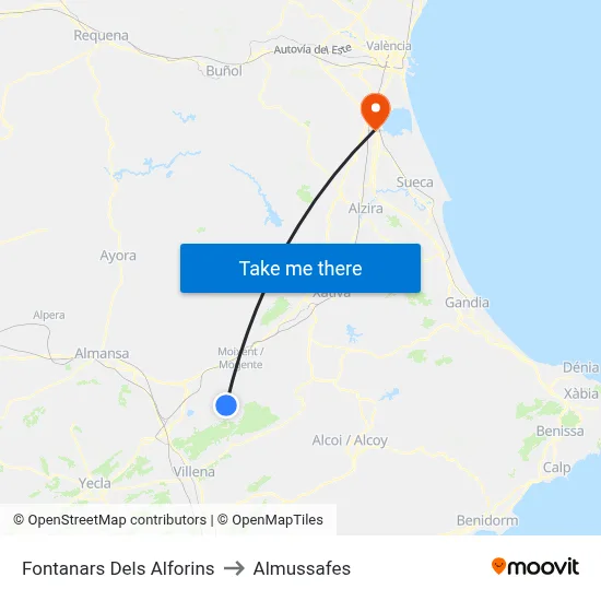 Fontanars Dels Alforins to Almussafes map