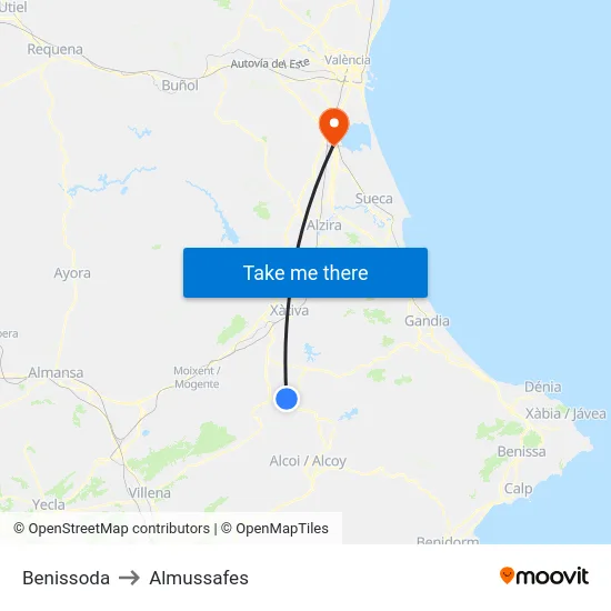 Benissoda to Almussafes map