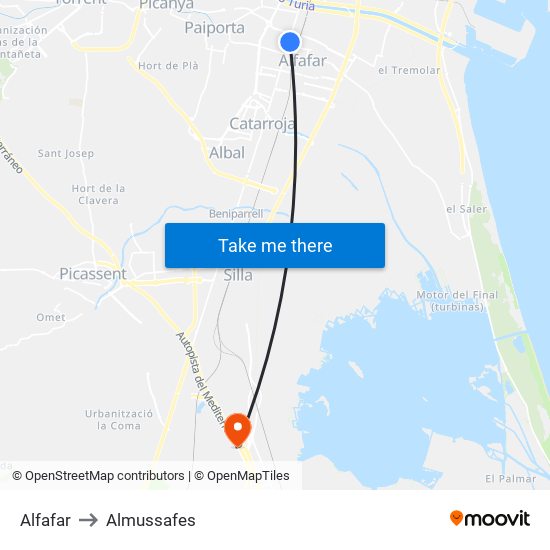 Alfafar to Almussafes map
