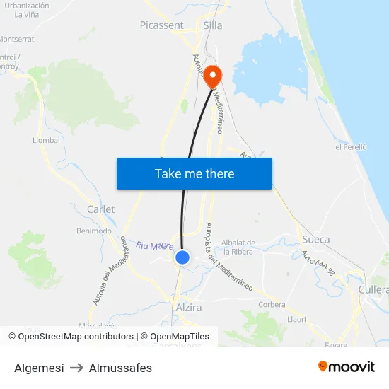 Algemesí to Almussafes map