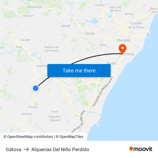 Gátova to Alquerías Del Niño Perdido map