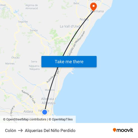 Colón to Alquerías Del Niño Perdido map