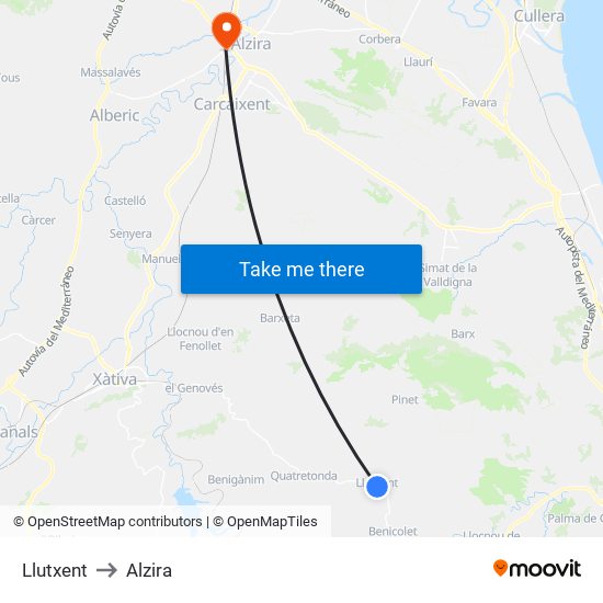 Llutxent to Alzira map