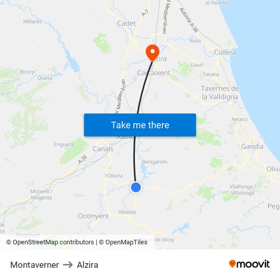 Montaverner to Alzira map
