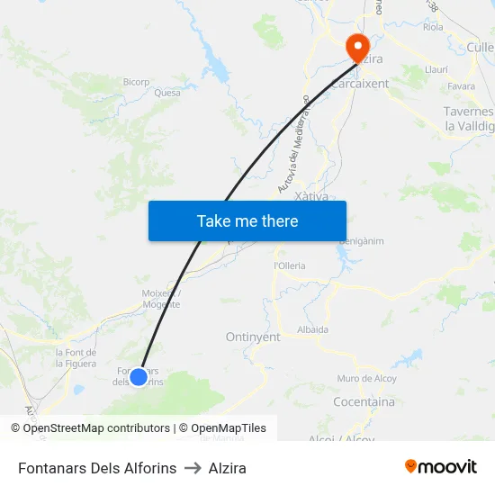 Fontanars Dels Alforins to Alzira map