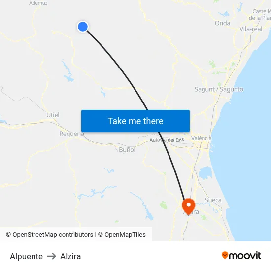 Alpuente to Alzira map
