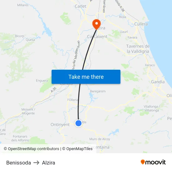 Benissoda to Alzira map