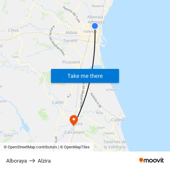 Alboraya to Alzira map