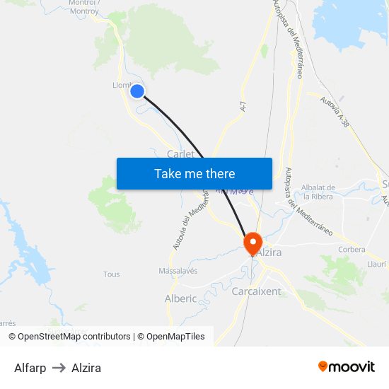 Alfarp to Alzira map