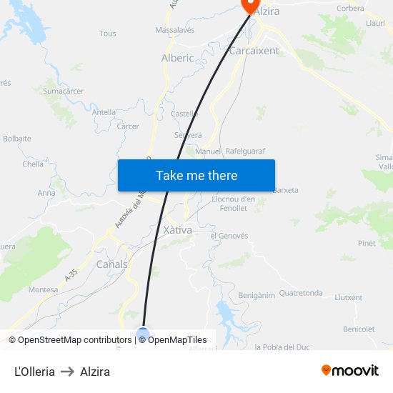 L'Olleria to Alzira map