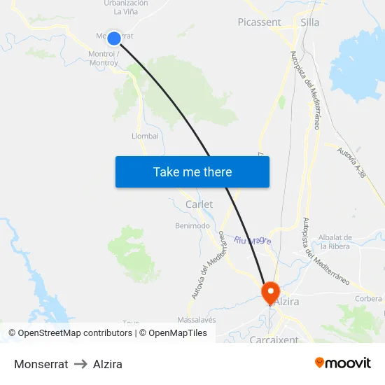 Monserrat to Alzira map