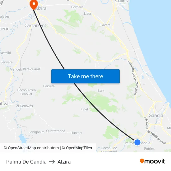 Palma De Gandía to Alzira map