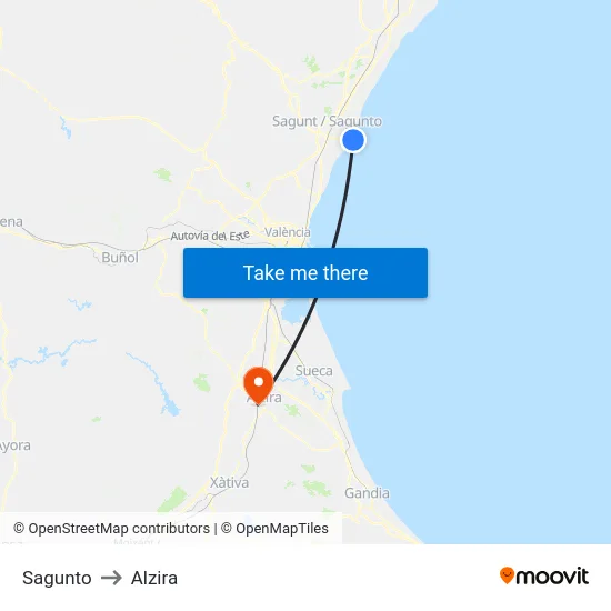 Sagunto to Alzira map