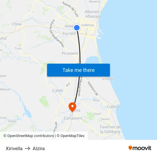 Xirivella to Alzira map