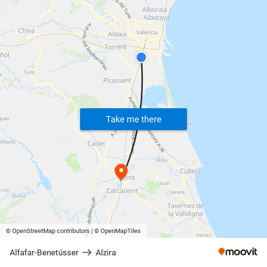 Alfafar-Benetússer to Alzira map