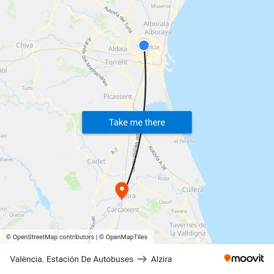 València. Estación De Autobuses to Alzira map