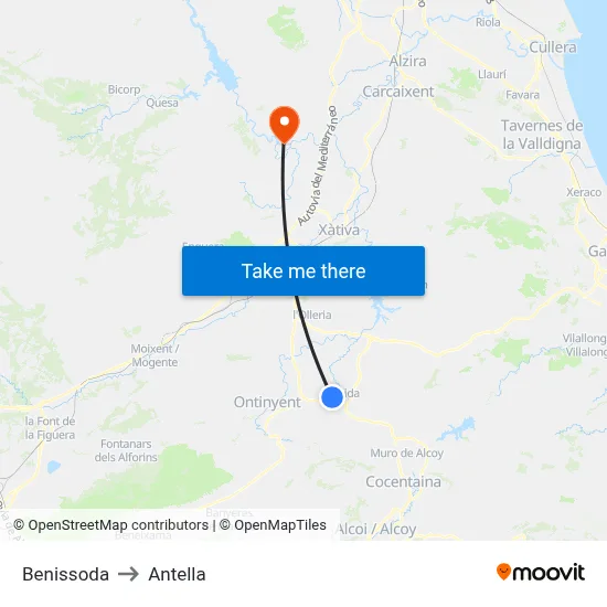 Benissoda to Antella map