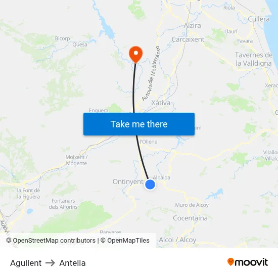 Agullent to Antella map