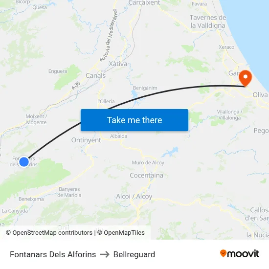 Fontanars Dels Alforins to Bellreguard map