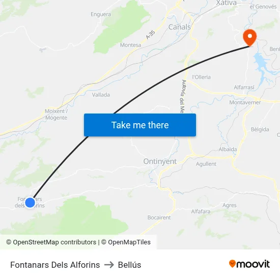 Fontanars Dels Alforins to Bellús map
